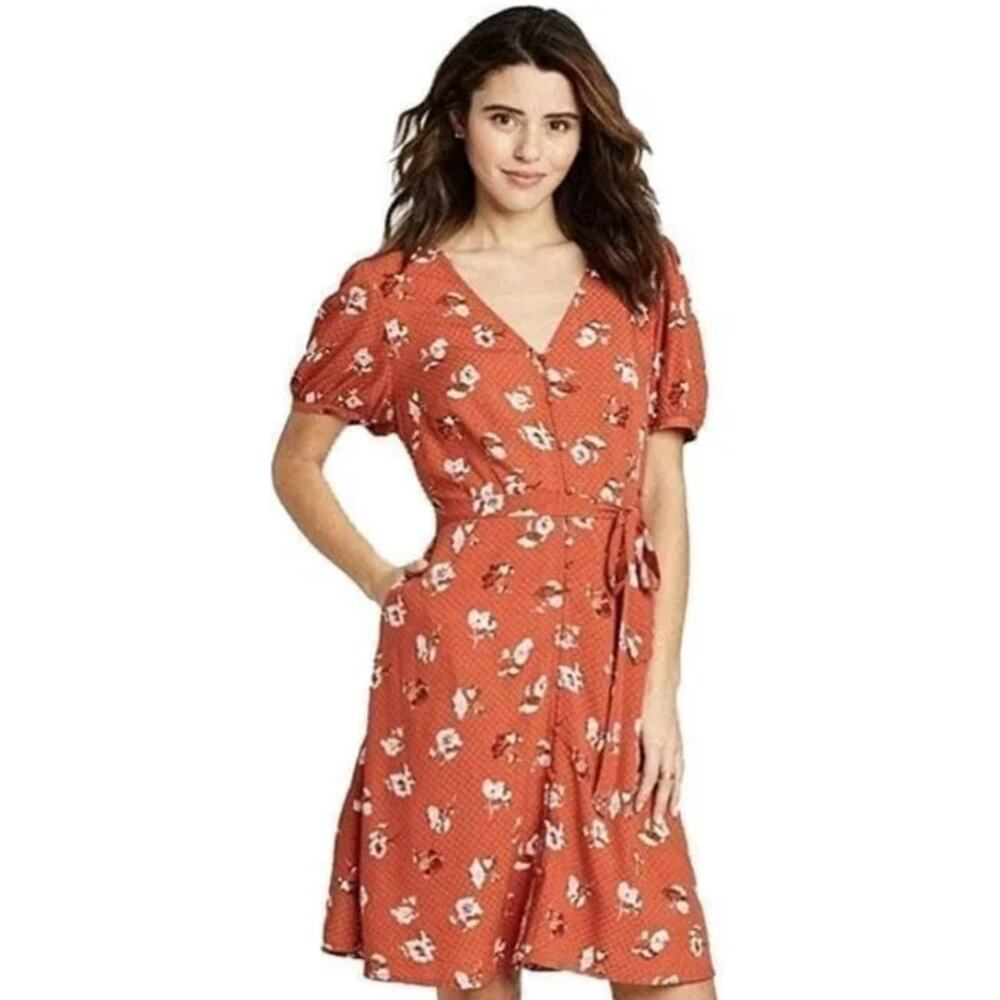 Universal Thread Red Floral V Neck Button Front Cottagecore Tie Waist Dress XS